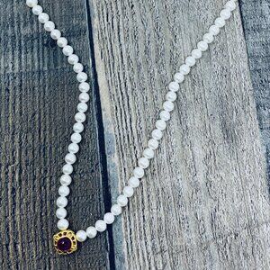 Freshwater Cultured 5.5 - 6mm Pearl Necklace Red Gem Silver Clasp